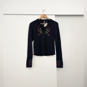 NWT Free People Embroidered Fleur Henley Long Sleeve Shirt Size Small